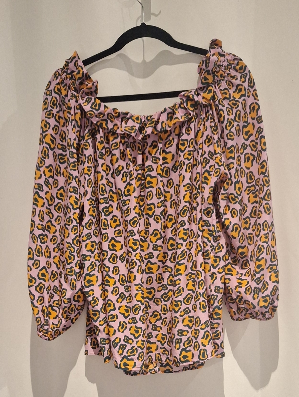 Tucker Pink and Yellow Leopard-Print Off-Shoulder Ruffle Neck Silk Blouse